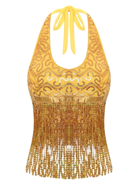 Women's Sequin Tassel Crop Tops Belly Dance Bra Top Halter Backless Party Dance Vest Gold One Size