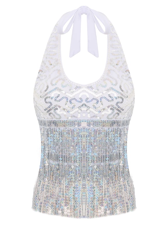 Women's Sequin Tassel Crop Tops Belly Dance Bra Top Halter Backless Party Dance Vest Silver One Size
