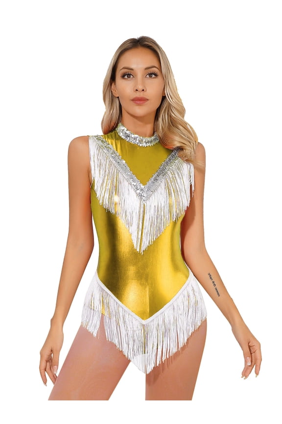 Women's Sequins Metallic Cocktail Tassel Latin Dance Dress Fringed Rumba Salsa Dance Costume Gold S
