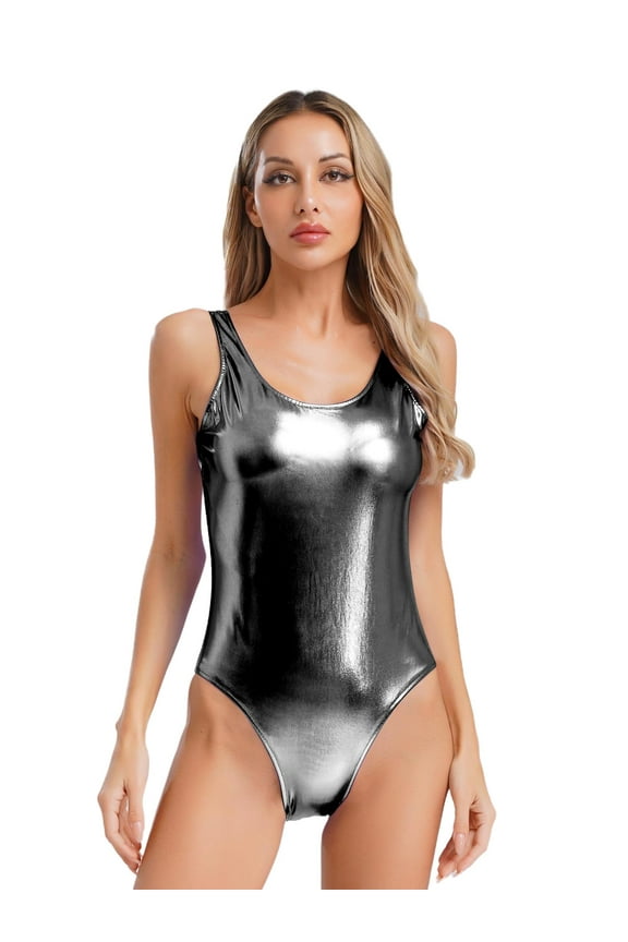 Women's Shiny Metallic Bodysuit Sleeveless Leotard Ballet Dance Gymnastics Leotard Black XXL