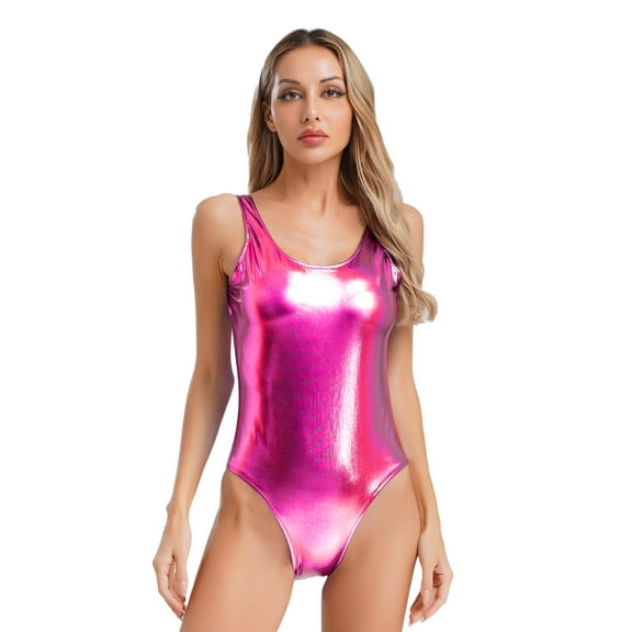 Haitryli Women's Shiny Metallic Bodysuit Sleeveless Leotard Ballet Dance Gymnastics Leotard Hot Pink L