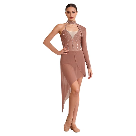 Haitryli Women's Shiny Rhinestones Latin Salsa Dance Dress Asymmetrical Samba Tango Ballroom Dance Dress Dusty Pink L