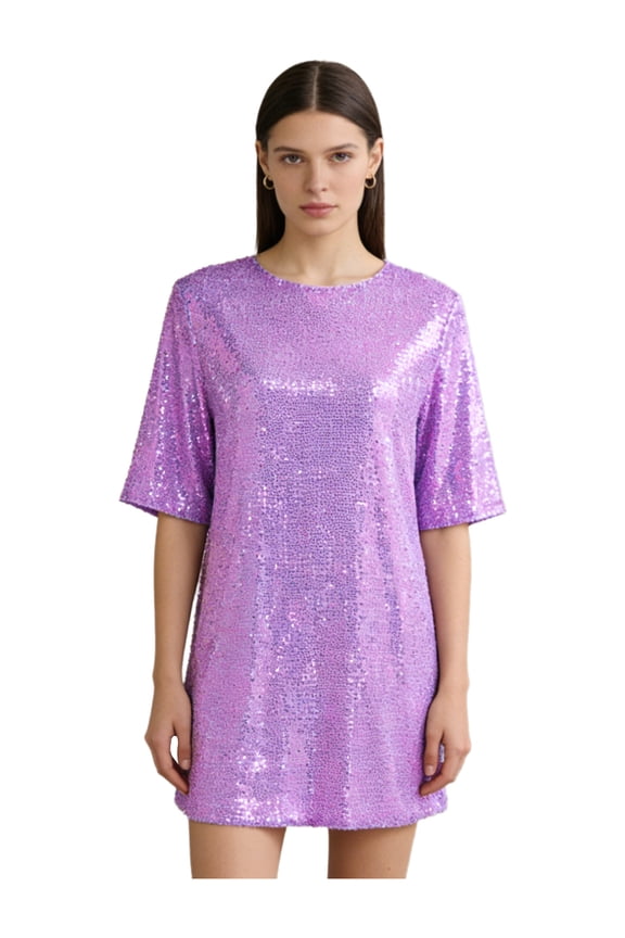 Women's Shiny Sequin Dresses Short Sleeves Mini Dresses Oversized Shirt Casual Summer Dress Purple S