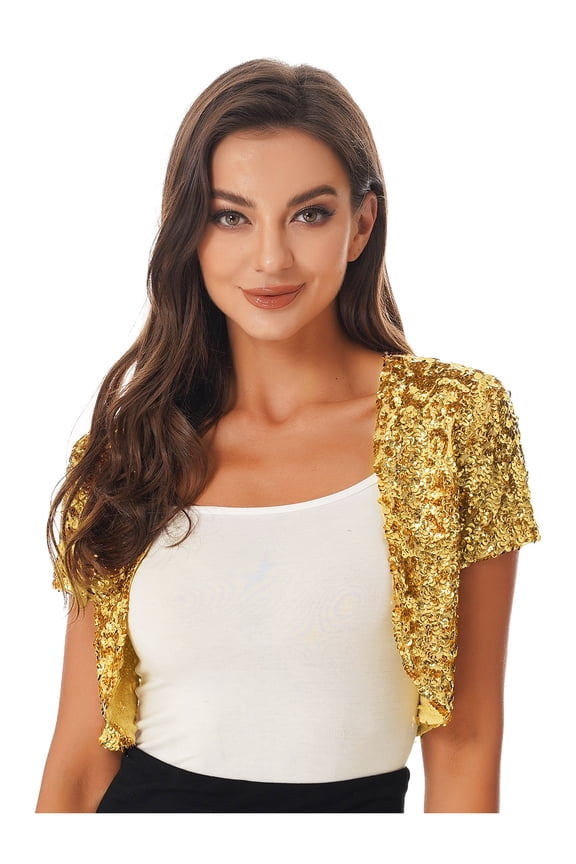 Women's Shiny Sequin Jacket Open Front Short Sleeve Glitter Cropped Blazer Bolero Shrug Gold One Size