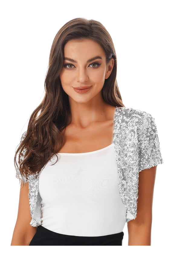Women's Shiny Sequin Jacket Open Front Short Sleeve Glitter Cropped Blazer Bolero Shrug Silver One Size