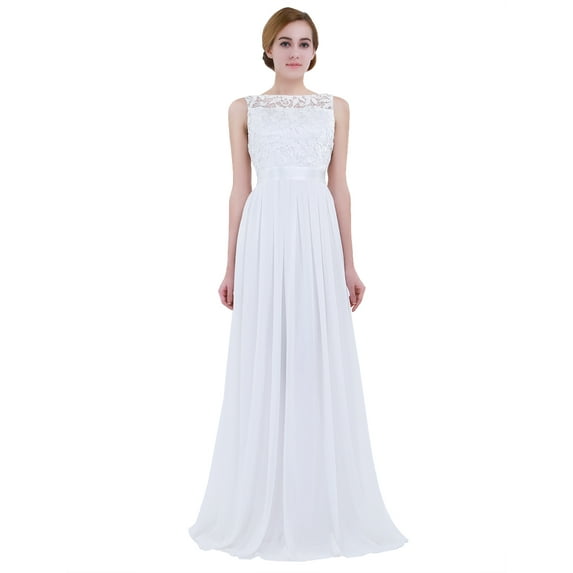 Haitryli Women's Sleeveless Chiffon Bridesmaid Dress Chiffon Lace Wedding Formal Long Evening Party Dress White 6