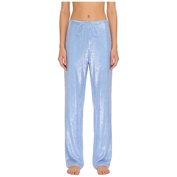 Haitryli Women's Sparkle Sequin Pants Drawstring Waist Wide Leg Straight Leg Long Pants for Nightclub Light Blue S