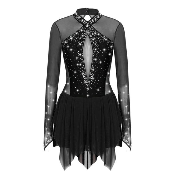 Haitryli Women's Sparkling Rhinestones Figure Ice Skating Dress Long Sleeve Leotard Dance Outfit Black XXL