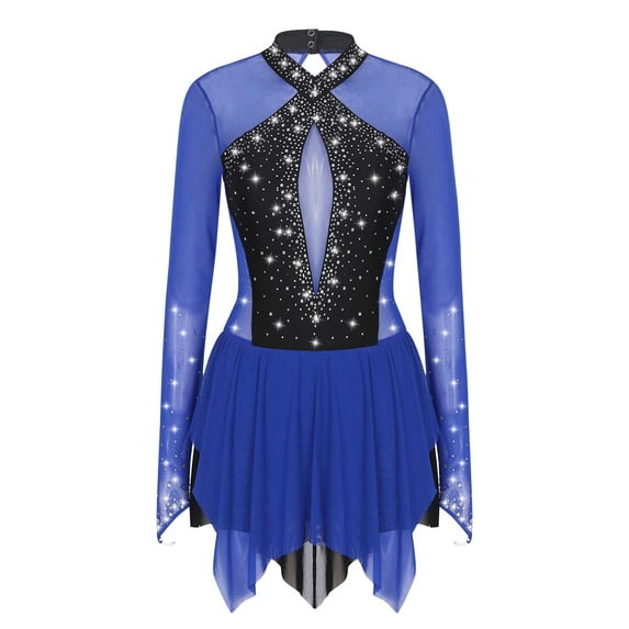 Haitryli Women's Sparkling Rhinestones Figure Ice Skating Dress Long Sleeve Leotard Dance Outfit Blue S