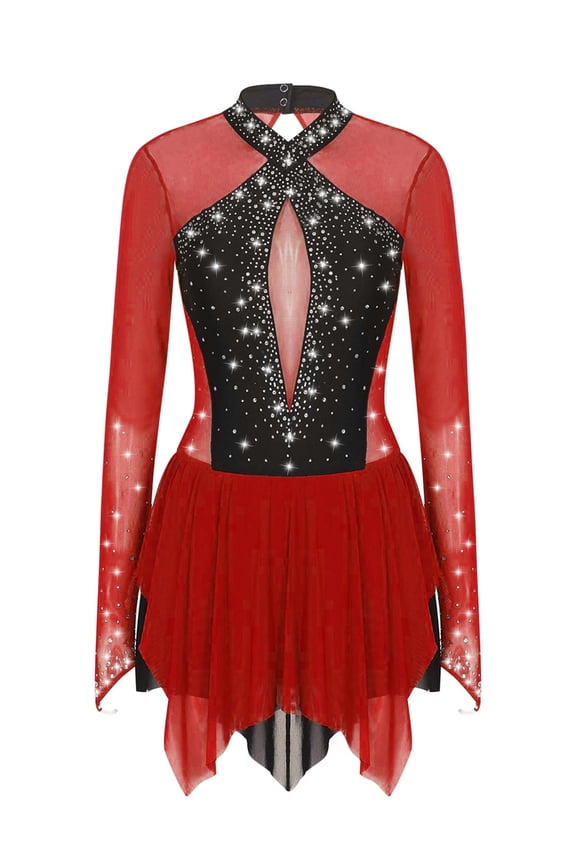 Women's Sparkling Rhinestones Figure Ice Skating Dress Long Sleeve Leotard Dance Outfit Burgundy XXL