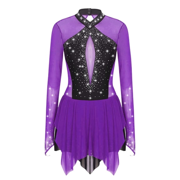 Haitryli Women's Sparkling Rhinestones Figure Ice Skating Dress Long Sleeve Leotard Dance Outfit Purple S