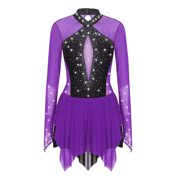 Haitryli Women's Sparkling Rhinestones Figure Ice Skating Dress Long Sleeve Leotard Dance Outfit Purple S