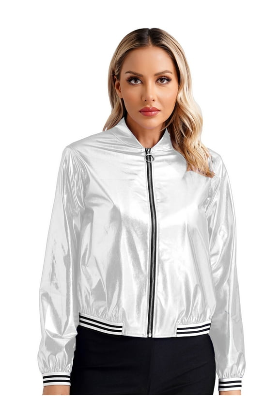 Women's Sparkly Holographic Lightweight Bomber Jacket Shiny Metallic Zipper Up Coat Silver XXL