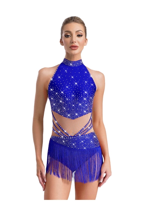 Women's Tassels Latin Dance Costume Rhinestone Ballroom Jazz Dance Dress High Low Bodysuit Royal Blue XS