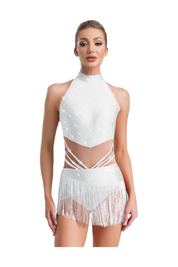 Women's Tassels Latin Dance Costume Rhinestone Ballroom Jazz Dance Dress High Low Bodysuit White XL