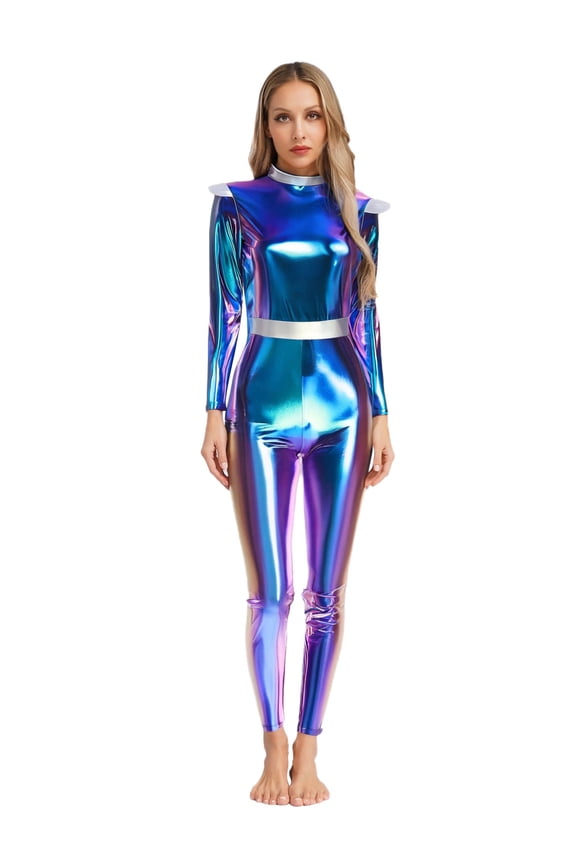 Womens Alien Outer Space Outfits Turtleneck Long Sleeve Jumpsuits Club Party Rave Outfits Blue 3XL