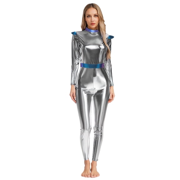 Haitryli Womens Alien Outer Space Outfits Turtleneck Long Sleeve Jumpsuits Club Party Rave Outfits Silver L