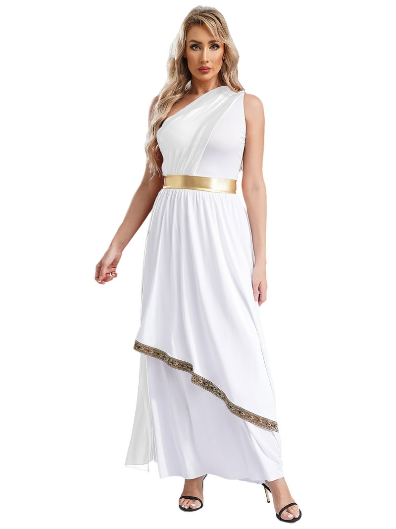 Haitryli Womens Ancient Greek Dress Toga One Shoulder Tiered Maxi Dress Roman Costumes Praise Dress White L