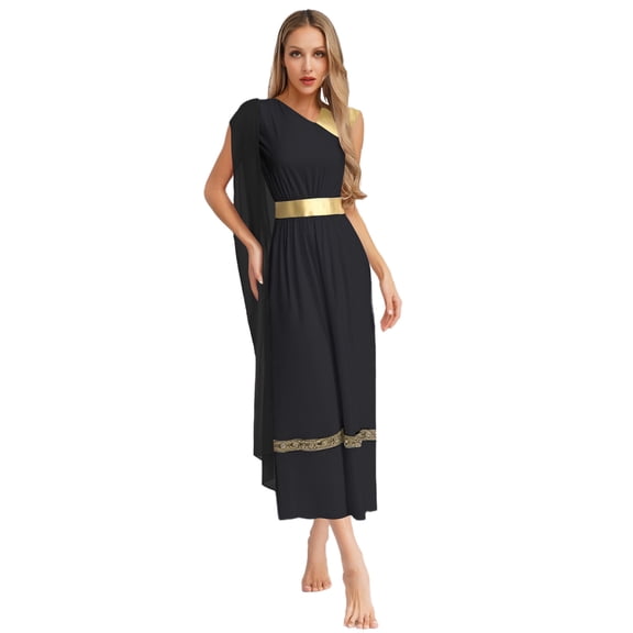 Haitryli Womens Ancient Greek Princess High Waist Tunic Dress Roman Empress Toga Black L