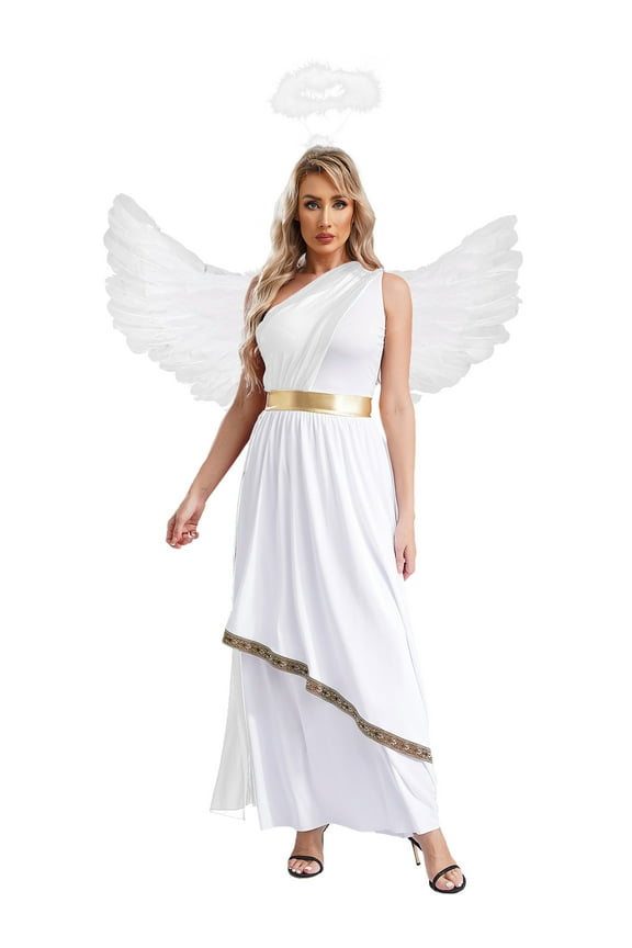 Womens Angel Costume 3 Piece One Shoulder Maxi Dress with Feather Wings and Headwear White M