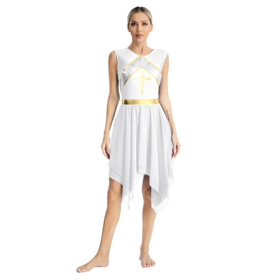 Haitryli Womens Asymmetrical Liturgical Praise Dance Dress High Low Worship Metallic Color Block Dancewear White M