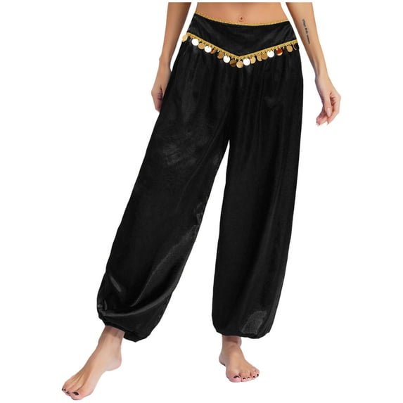 Haitryli Womens Belly Dance Pants Shiny Sequined Bloomers Harem Pants Stage Performance Trousers Black M