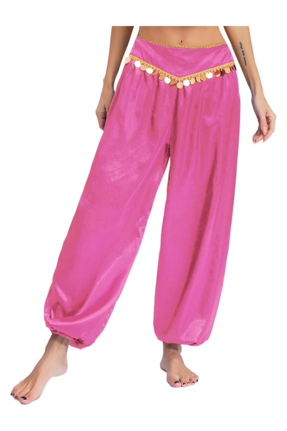 Womens Belly Dance Pants Shiny Sequined Bloomers Harem Pants Stage Performance Trousers Hot Pink S