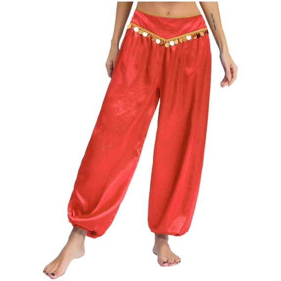 Haitryli Womens Belly Dance Pants Shiny Sequined Bloomers Harem Pants Stage Performance Trousers Red L