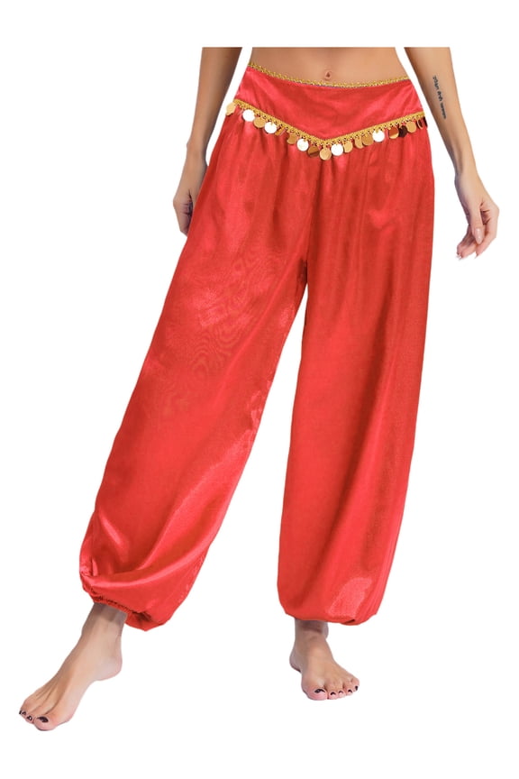 Womens Belly Dance Pants Shiny Sequined Bloomers Harem Pants Stage Performance Trousers Red M