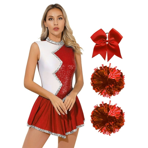 Haitryli Womens Cheerleading Uniform Suit Performance Cheer Leader Outfits Shiny Sequined Dance Dress Red L