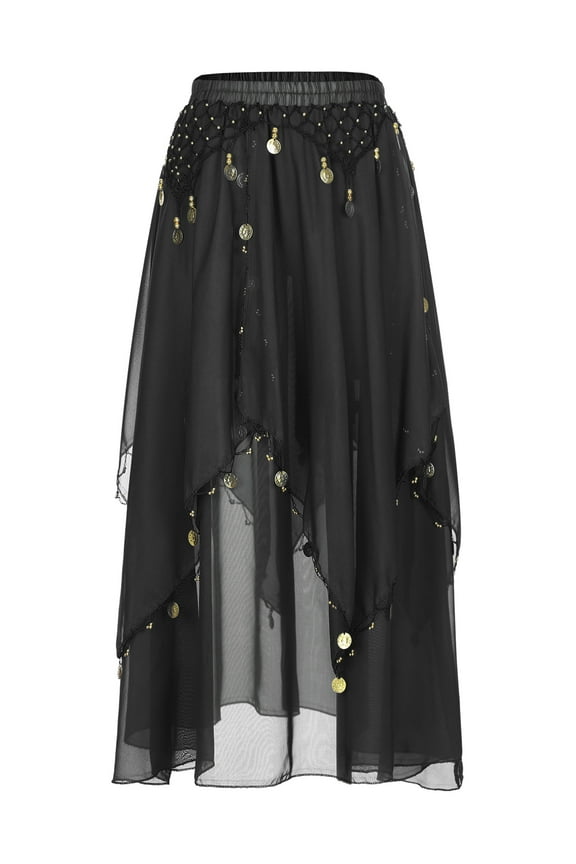 Womens Chiffon Belly Dance Skirt Sequin Beaded Asymmetric Side Split Long Skirts Indian Black One Size