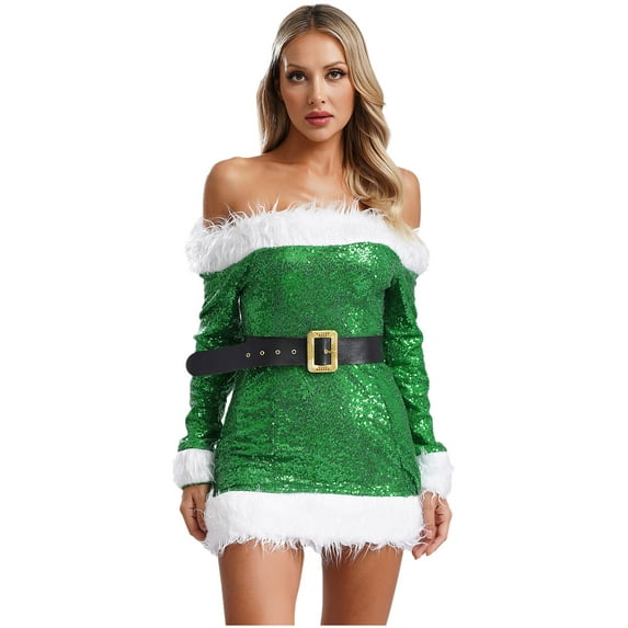 Haitryli Womens Christmas Costume Cold Shoulder Holiday High Waist A-line Dress Fun Dress with Belt Green L