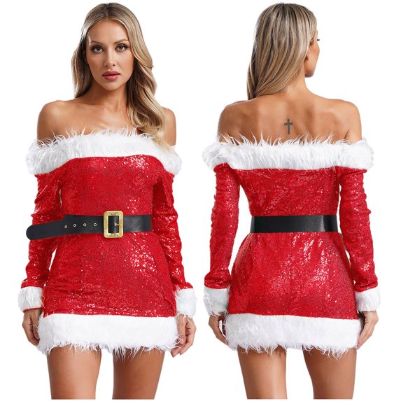 Haitryli Womens Christmas Costume Cold Shoulder Holiday High Waist A-line Dress Fun Dress with Belt Red S