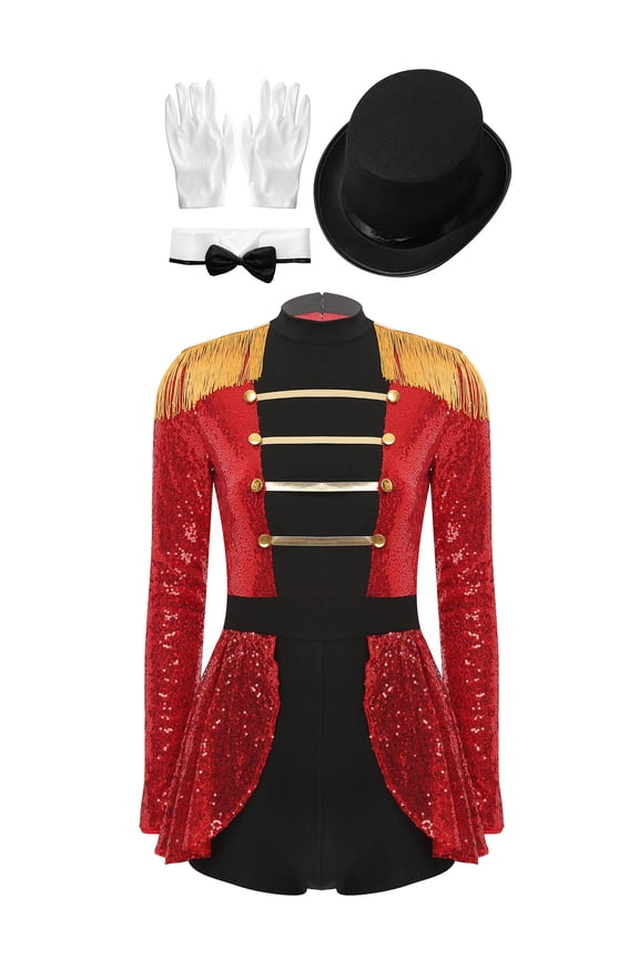 Womens Circus Ringmaster Cosplay Costume Sequins Tassel Leotard with Accessories Set for Red M