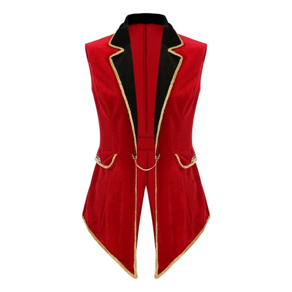 Haitryli Womens Circus Ringmaster Cosplay Costume Sleeveless Tailcoat Red Velvet Jacket for Halloween Red L