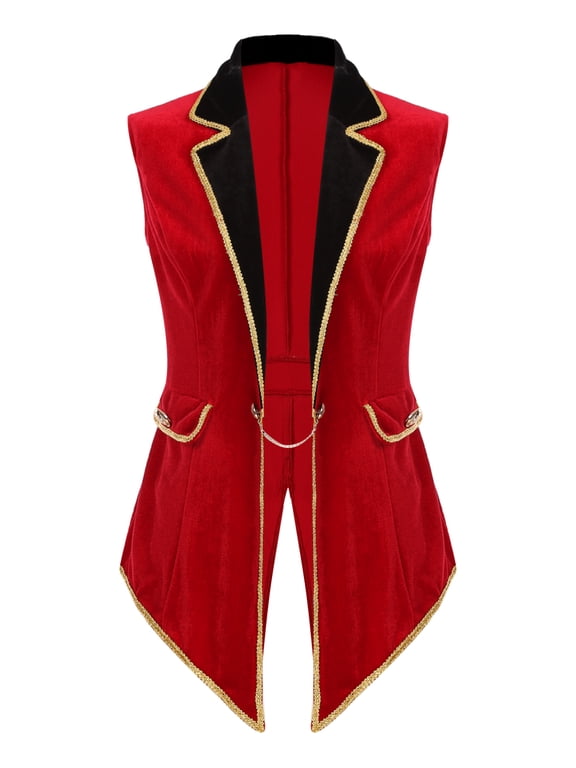 Womens Circus Ringmaster Cosplay Costume Sleeveless Tailcoat Red Velvet Jacket for Halloween Red M