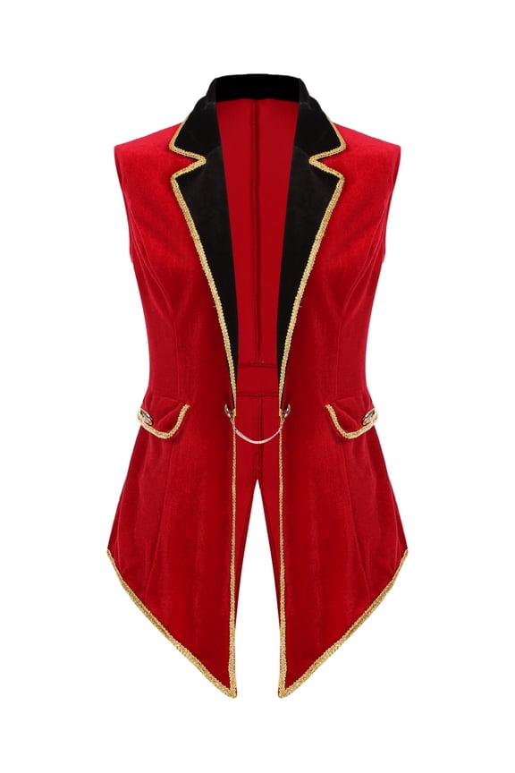Womens Circus Ringmaster Cosplay Costume Sleeveless Tailcoat Red Velvet Jacket for Halloween Red S