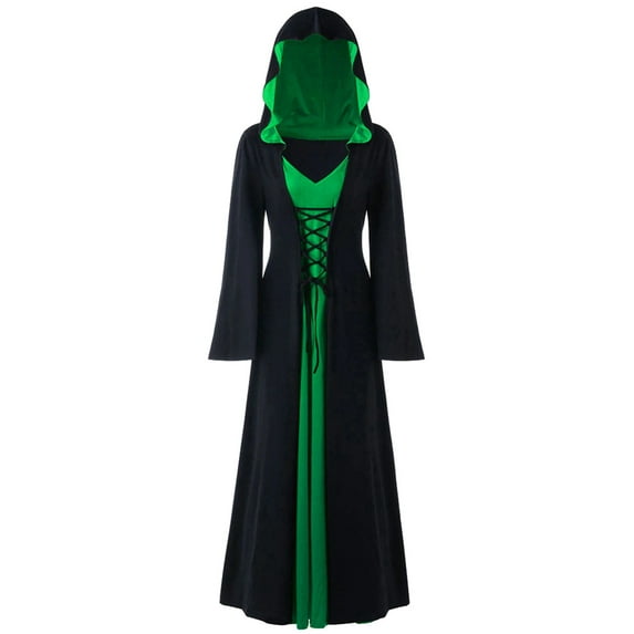 Haitryli Womens Color Block Hooded Robe Halloween Witch Cosplay Costume Lace-up Long Sleeve Dress Green 4XL