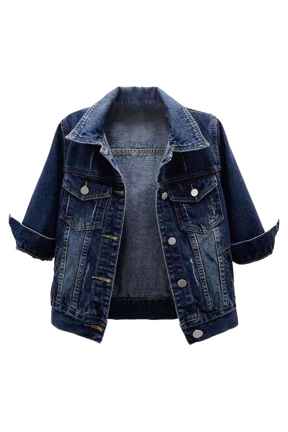 Womens Denim Jacket Crop Style 3/4 Sleeve Button Up Slim Fit Jean Jacket Coat Outwear Dark Blue M