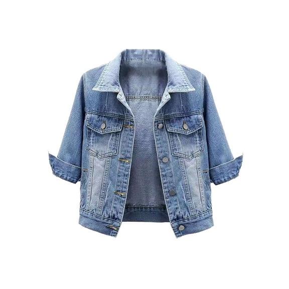 Haitryli Womens Denim Jacket Crop Style 3/4 Sleeve Button Up Slim Fit Jean Jacket Coat Outwear Light Blue M
