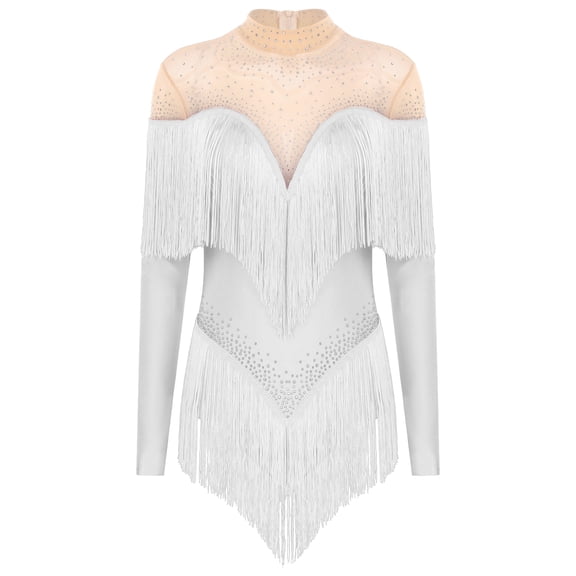 Haitryli Womens Fringe Latin Dance Leotard Rhinestones Bodysuit Dress for Stage Performance Outfit Blue XL