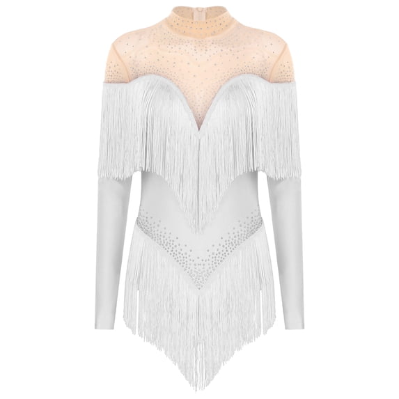 Haitryli Womens Fringe Latin Dance Leotard Rhinestones Bodysuit Dress for Stage Performance Outfit White M