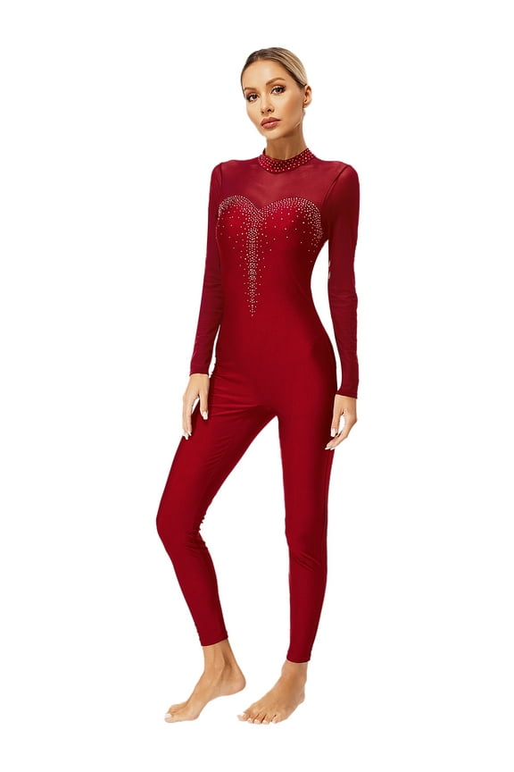 Womens Full Body Long Sleeve Unitard One Piece Gymnastic Leotard Ballet Dance Bodysuit Burgundy M