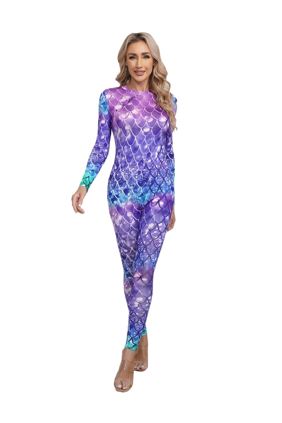 Womens Full Length Fish Scale Mermaid Jumpsuit Mock Neck Long Sleeve Bodysuit Unitard Type B M