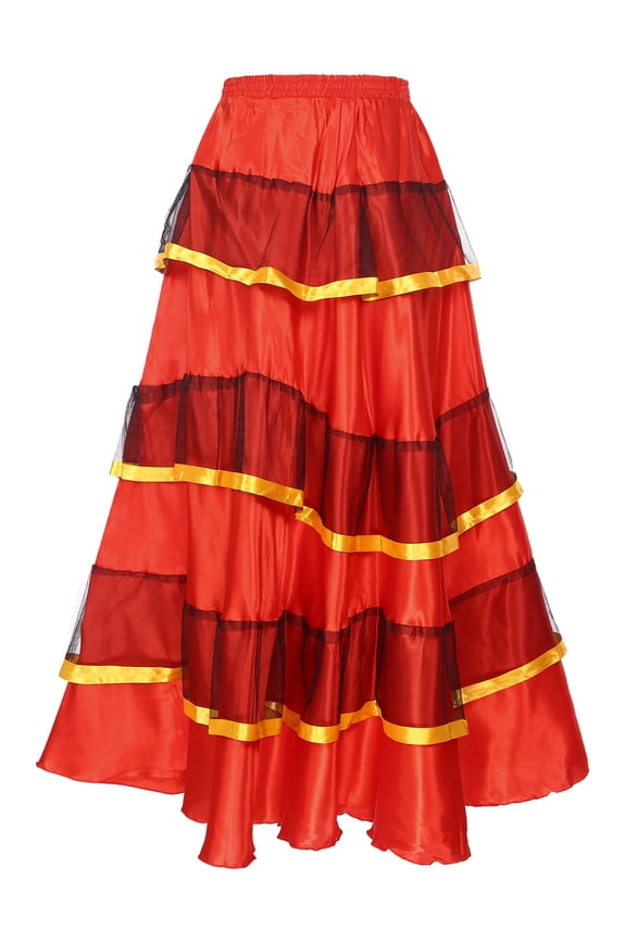 Womens Girls Red Black Layered Ruffles Skirt for Belly Dance Spain Flamenco Gypsy Bull Dance Type B 360 Degree One Size