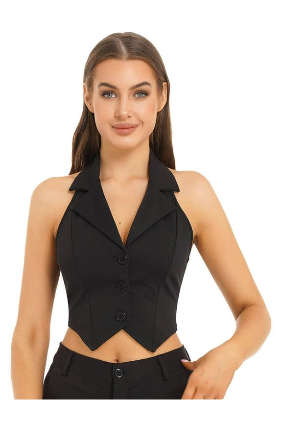 Womens Notched Lapel Backless Button Suit Vest Waistcoat Work Office Business Vest Black L