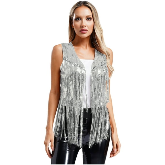 Haitryli Womens Sequin Fringe Vest Jackets Sparkly Glitter Tops Cowgirl Disco Tassel Cardigan Western Silver L