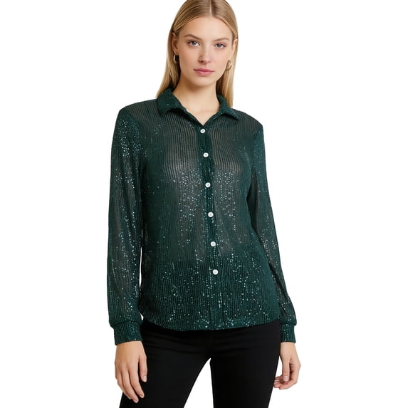 Haitryli Womens Sequins Long Sleeve Collared Shirt Button-down Blouse Cardigan Cover-up Top For Club Party Dark Green M