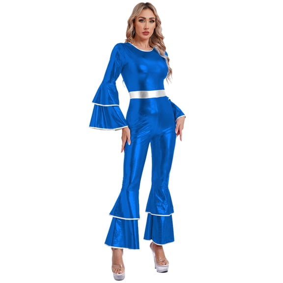 Haitryli Womens Shiny Metallic Flared Jumpsuit 70s Hippie Outfits Disco Party Festival Rave Romper Royal Blue S