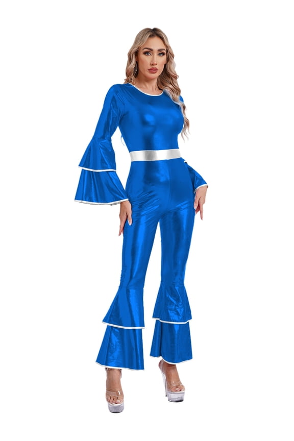 Womens Shiny Metallic Flared Jumpsuit 70s Hippie Outfits Disco Party Festival Rave Romper Royal Blue S